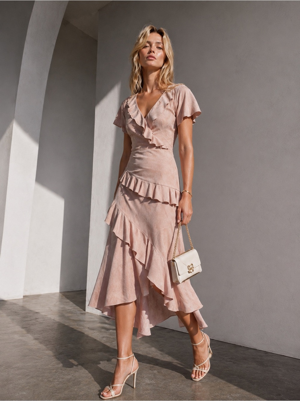 Joie Orita Suede Ruffle Midi Dress Pink Sky Sz 8 New $698